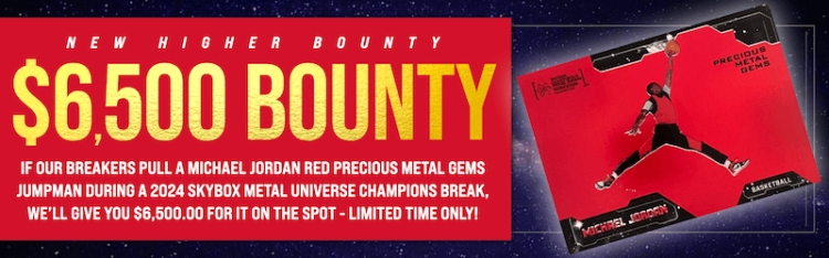 If our breakers pull a Michael Jordan Red Precious Metal Gems Jumpman from 2024 SkyBox Metal Universe Champions, and we’ll give you $6,500 for it on the spot