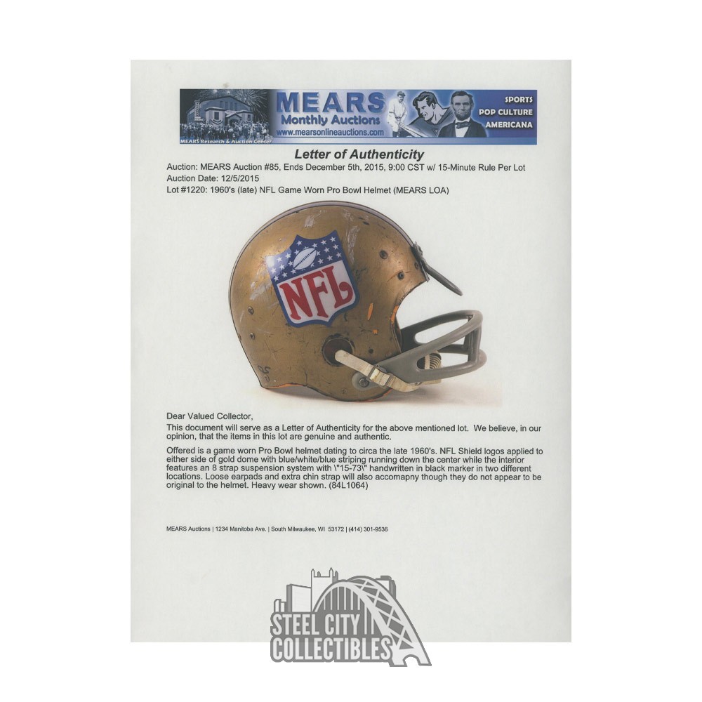1960s Game Worn NFL Pro Bowl Football Helmet - Mears LOA | Steel City Collectibles 1960s Game Worn NFL Pro Bowl Football Helmet - Mears LOA | Steel City Collectibles