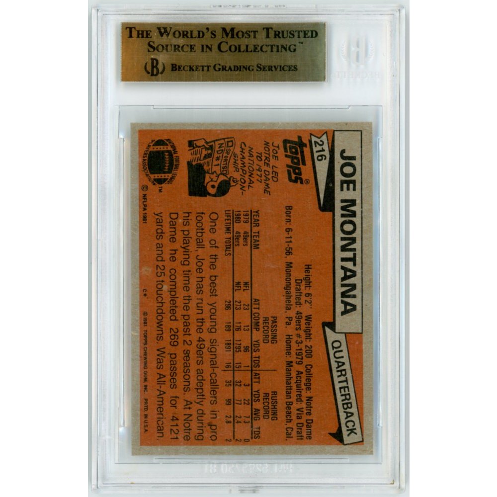 Joe Montana 1981 Topps Football Rookie Card #216 - BGS Graded 9.5 Gem Mint | Steel City Collectibles Joe Montana 1981 Topps Football Rookie Card #216 - BGS Graded 9.5 Gem Mint | Steel City Collectibles