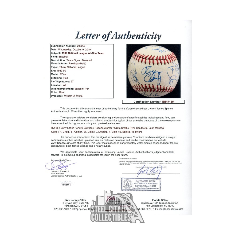 1990 National League All Star Autographed Team Signed Official