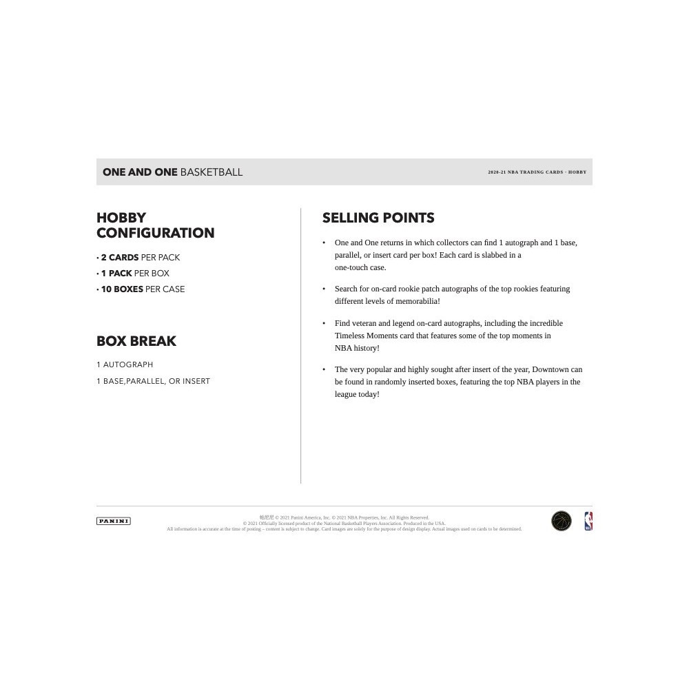 NBA 2020-21 PANINI ONE AND ONE 新品未開封ボックス 2020-21 Panini One and One Basketball Hobby Box | Steel City