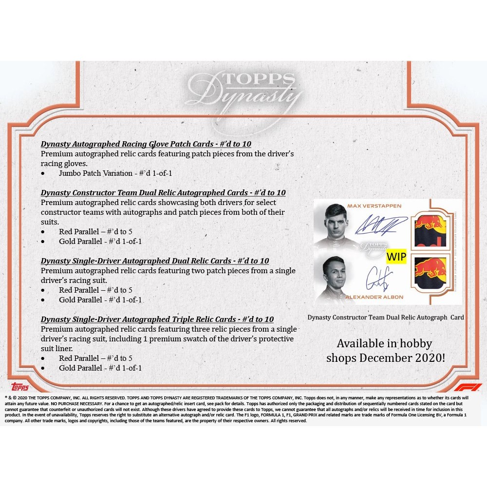 2020 Topps Dynasty Formula 1 未開封ボックス 2020 Topps Dynasty Formula 1 Racing Hobby (Box) – AusumSports
