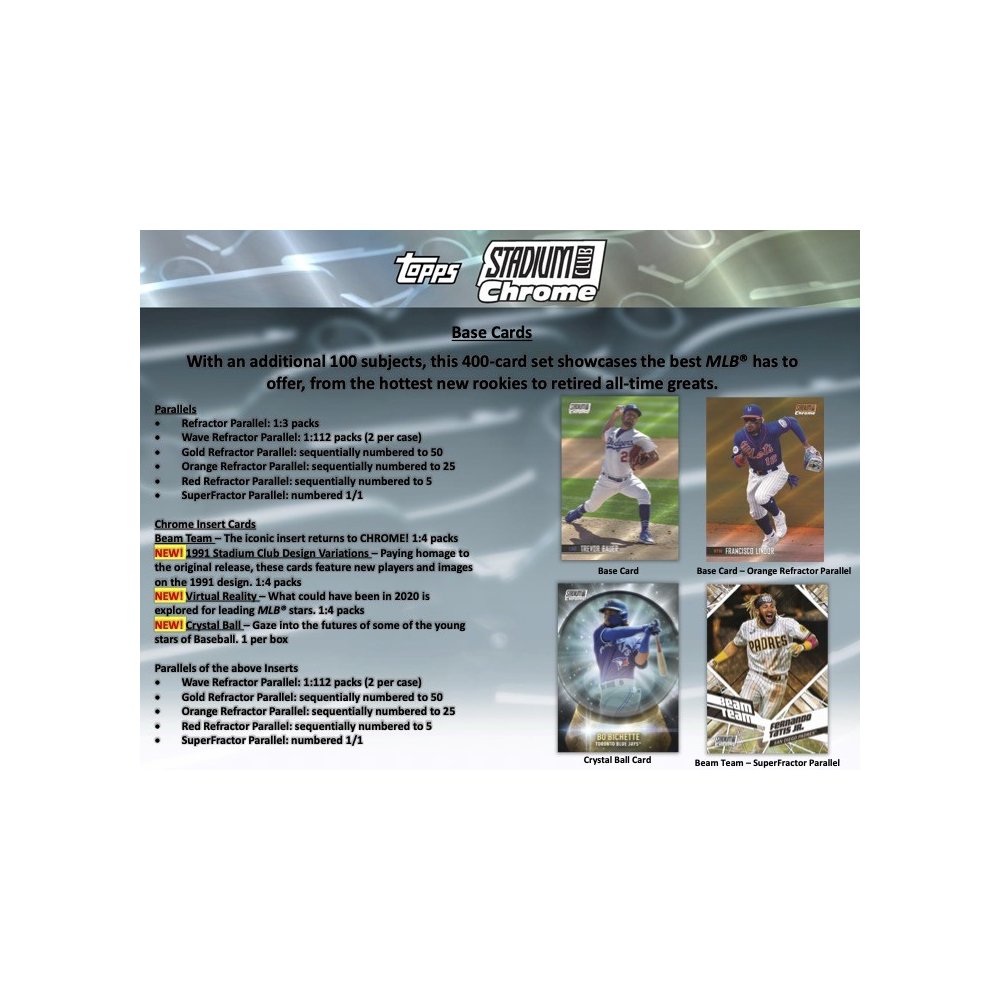 6 Cards Per Pack 2021 Topps Stadium Club Chrome Baseball Hobby Box 14 Packs Per Box 