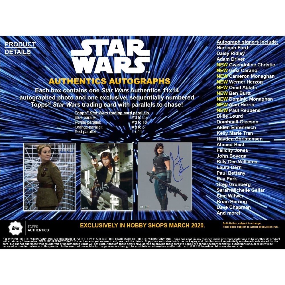 2020 Topps Star Wars Authentics Autographed Photo & Trading Card 12-Box Case HIT DRAFT Group
