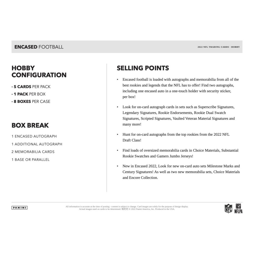 2021 Panini Encased Football Checklist, Hobby Box Info, Team Set Lists
