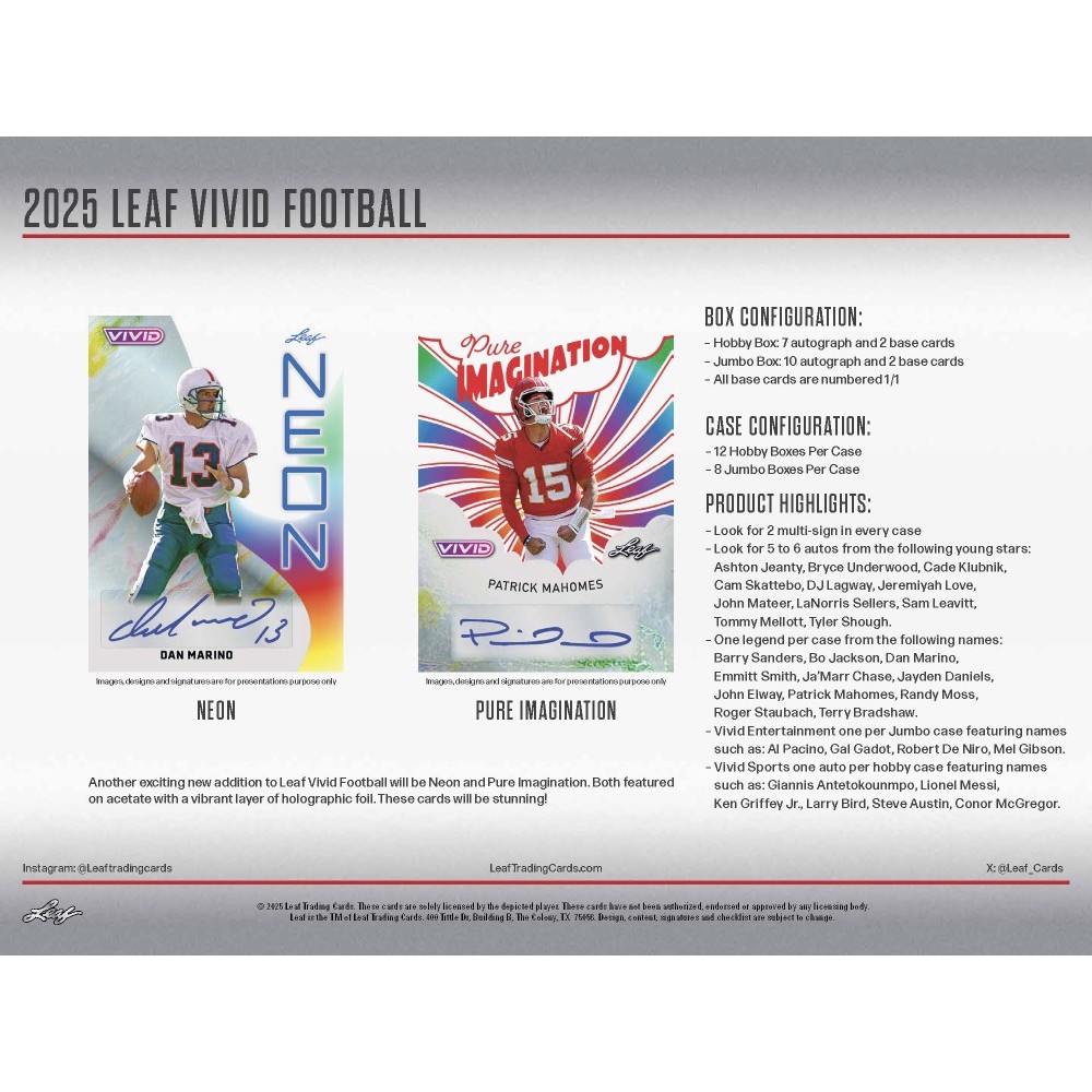 2025 Leaf Vivid Football Jumbo Hobby 8-Box Case | Steel City