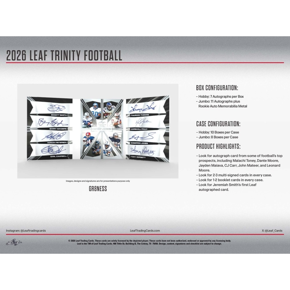 2026 Leaf Trinity Football Jumbo Box | Steel City Collectibles