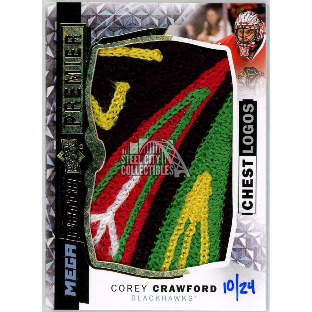 Corey Crawford 2015 16 Ud Premier Hockey Mega Patch Chest Logos 10
