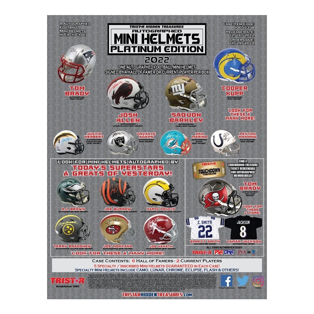 2022 Tristar Hidden Treasures Autographed Football Mini Helmet Platinum