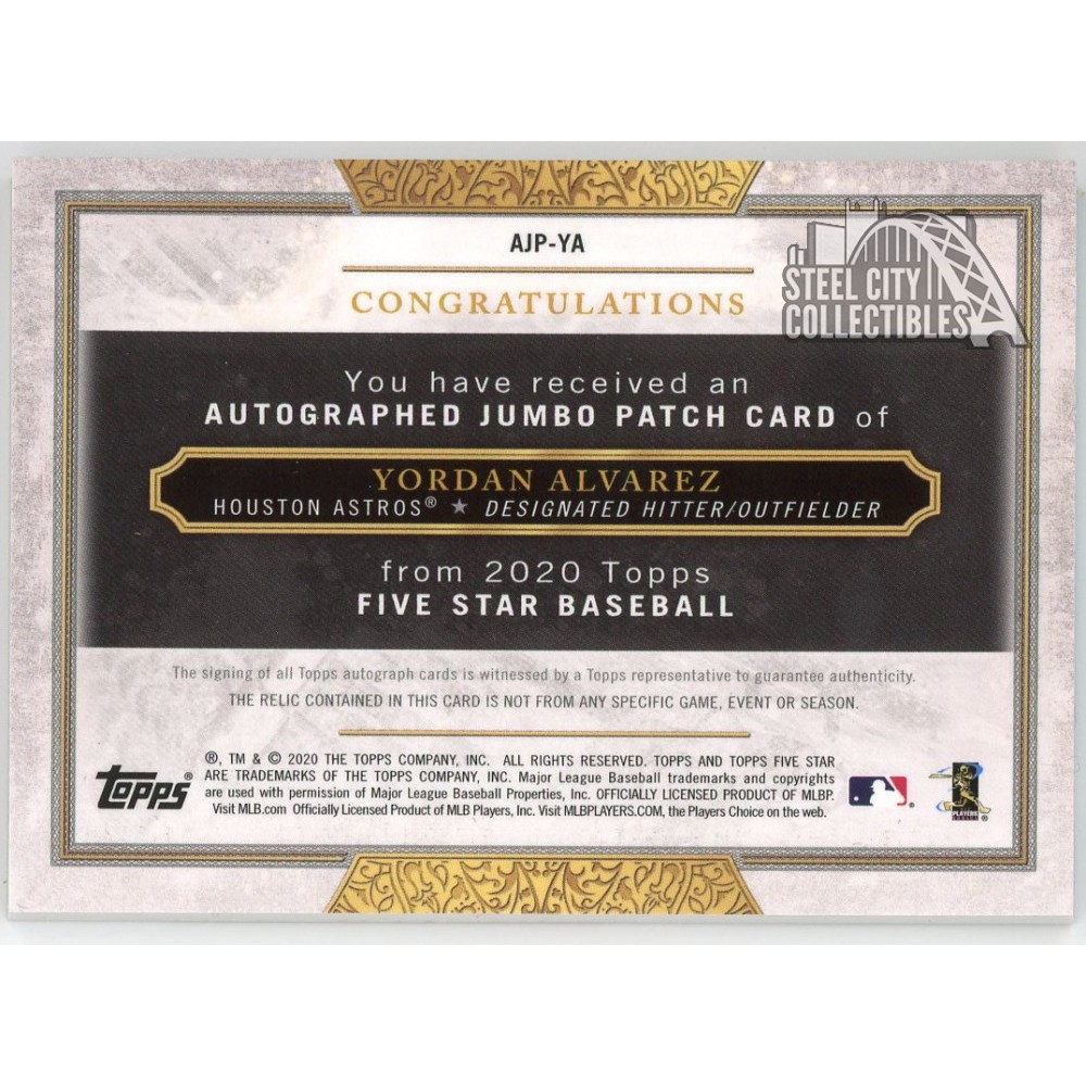 Yordan Alvarez 2020 Topps Five Star Jumbo Rookie Patch Auto Card