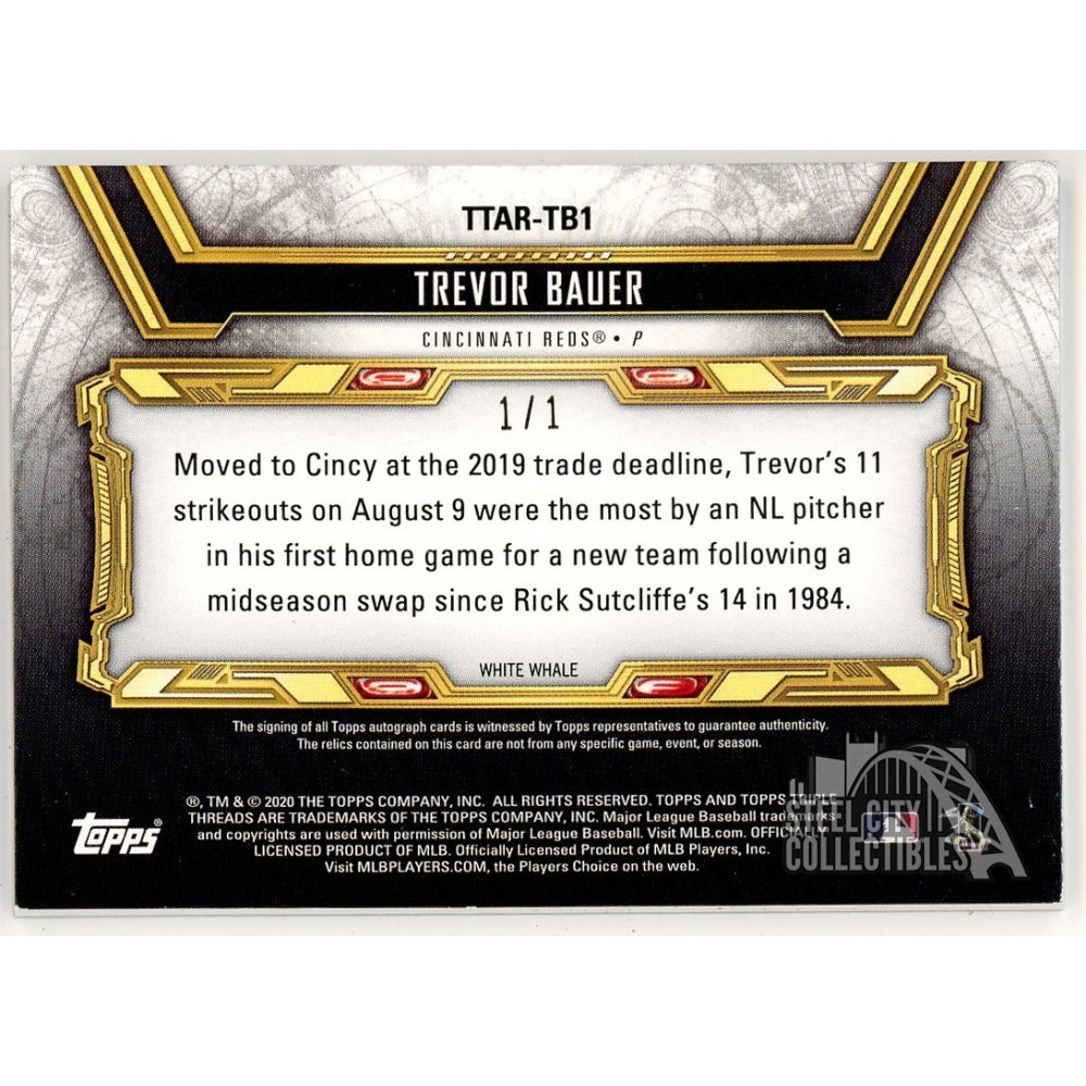 Trevor Bauer 2020 Topps Triple Threads Plate Patch Autograph Card 