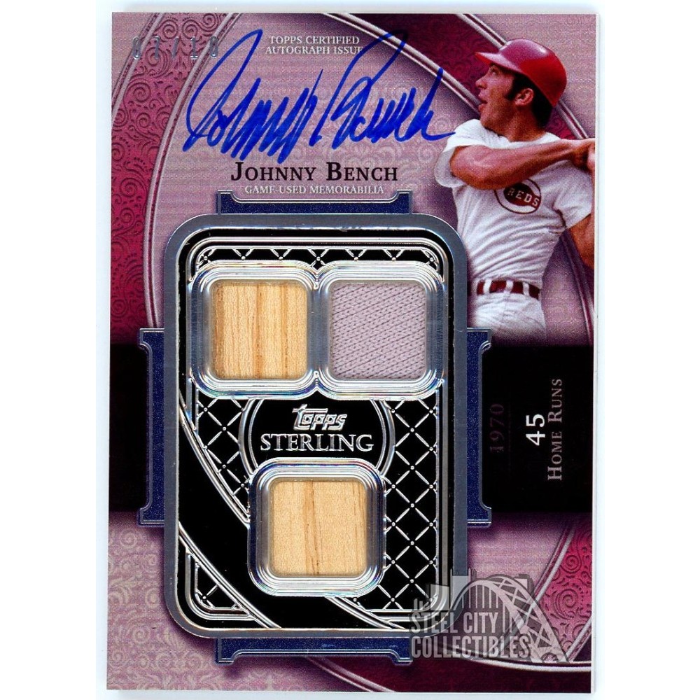 Johnny Bench 2022 Topps Sterling Swings Red Triple Relic Autograph