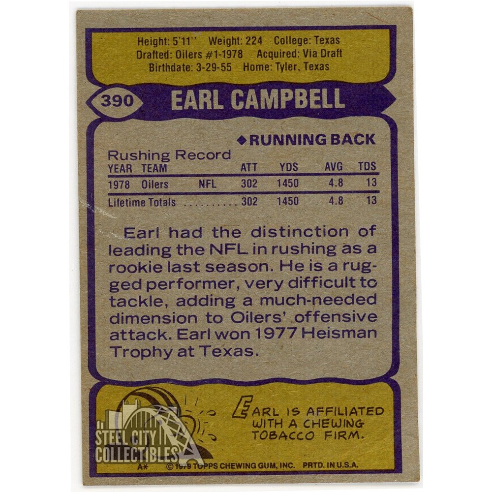 Earl Campbell 1979 Topps Rookie Card #390 (Corner dings)