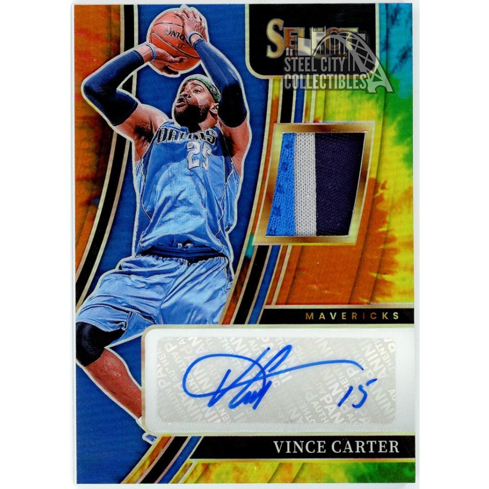 Vince Carter 2021-22 Panini Select Tie-Dye Prizm Patch Auto Card