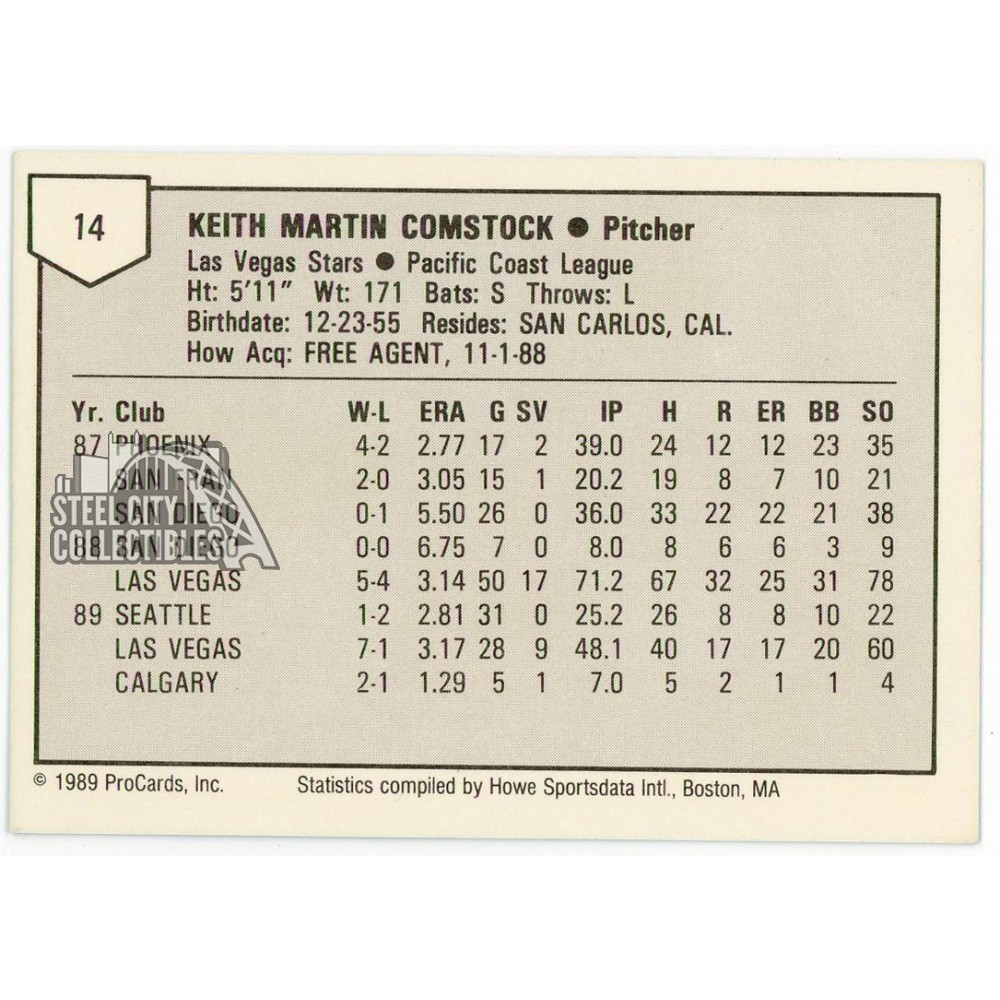 Keith Comstock 1989 ProCards Baseball Card #14 (Nut Shot) | Steel