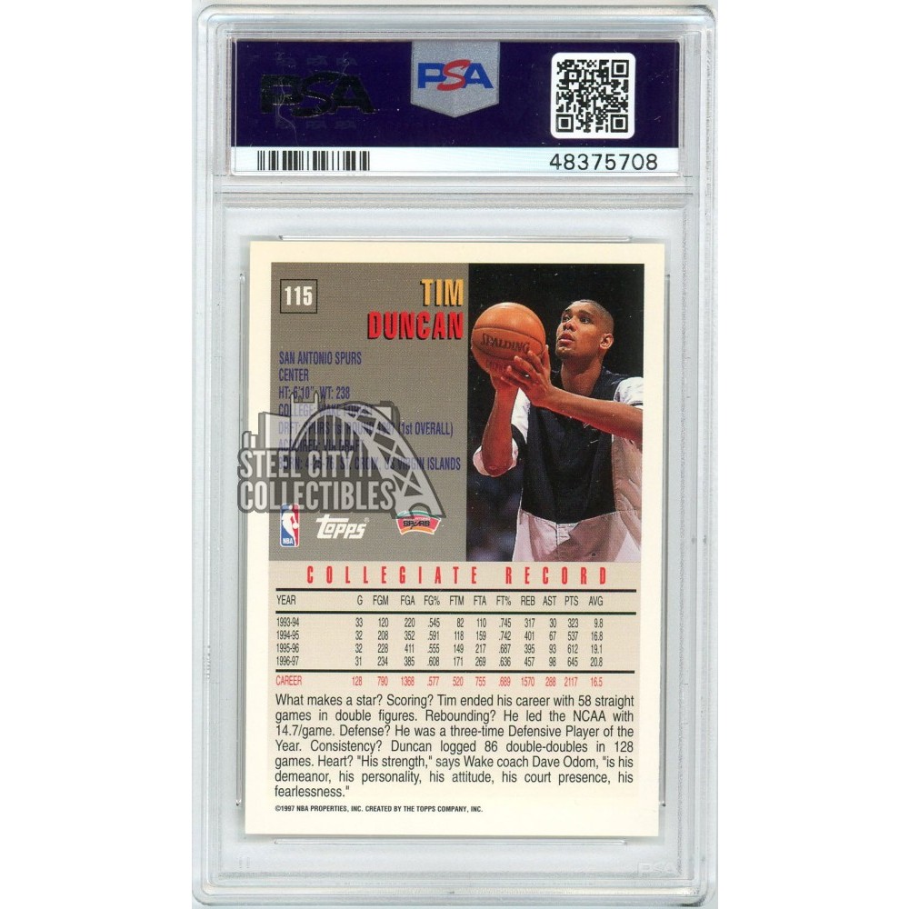 Tim Duncan 1997-98 Topps Basketball Rookie Card #115 PSA 10