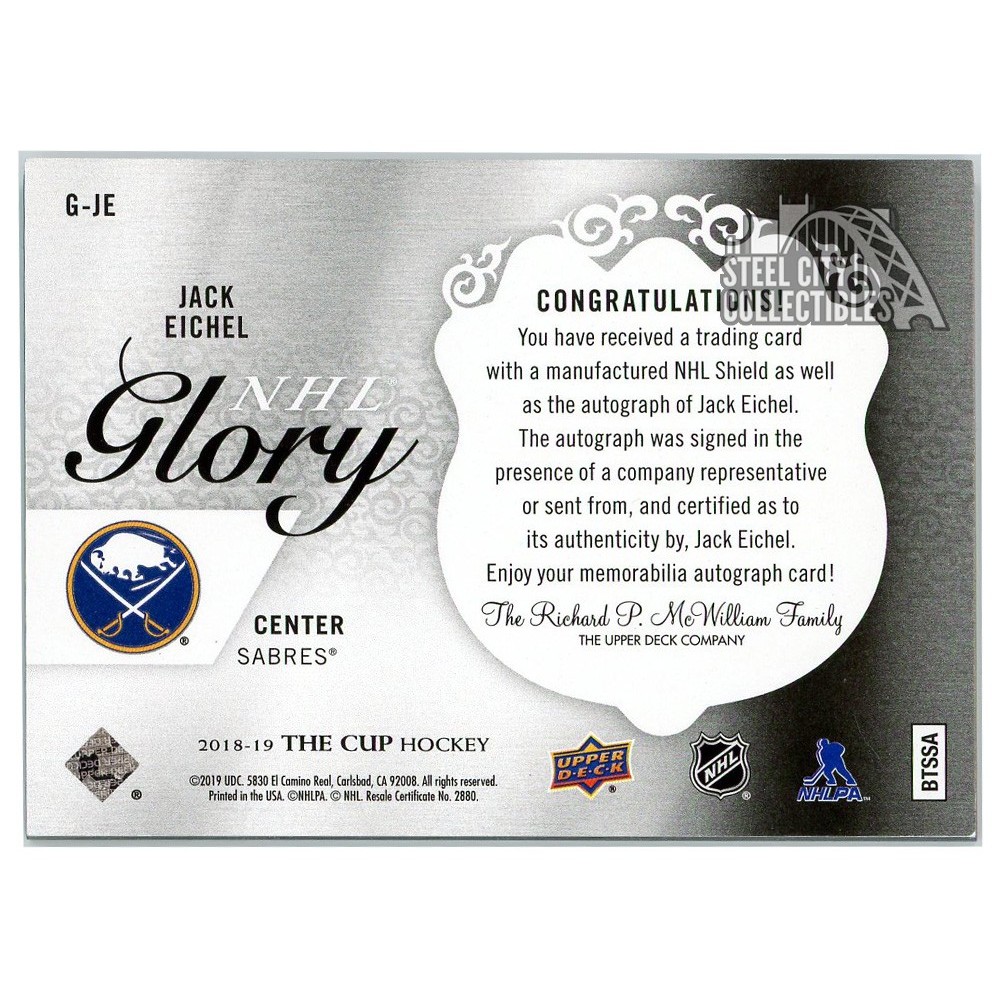 Jack Eichel 2018-19 Upper Deck The Cup NHL Glory Shield Autograph