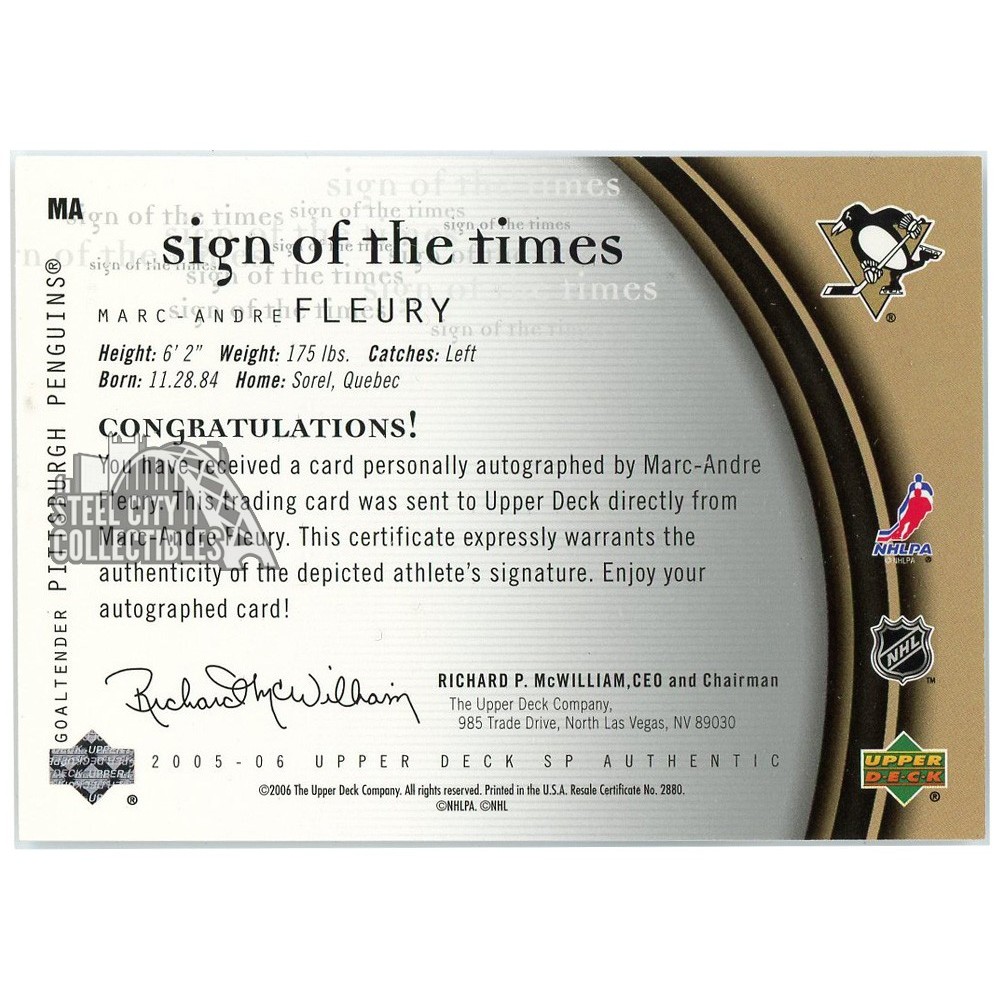 Marc-Andre Fleury 2005-06 Upper Deck SP Authentic Sign of the