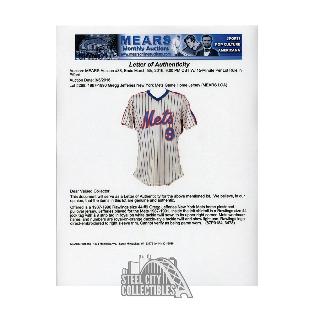 Gregg Jefferies Game Used New York Mets Home Pinstripe Baseball Jersey MEARS Steel City Collectibles