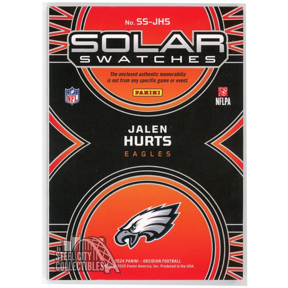 Jalen Hurts 2024 Panini Obsidian Solar Swatches Logo Patch Contra