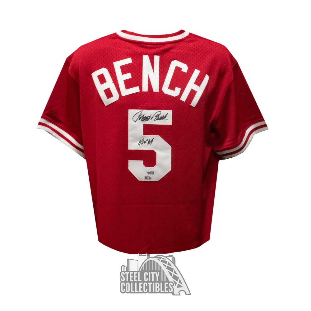 Johnny Bench Autographed Cincinnati Reds Mitchell & Ness Red Baseball  Jersey HOF Inscription - Fanatics