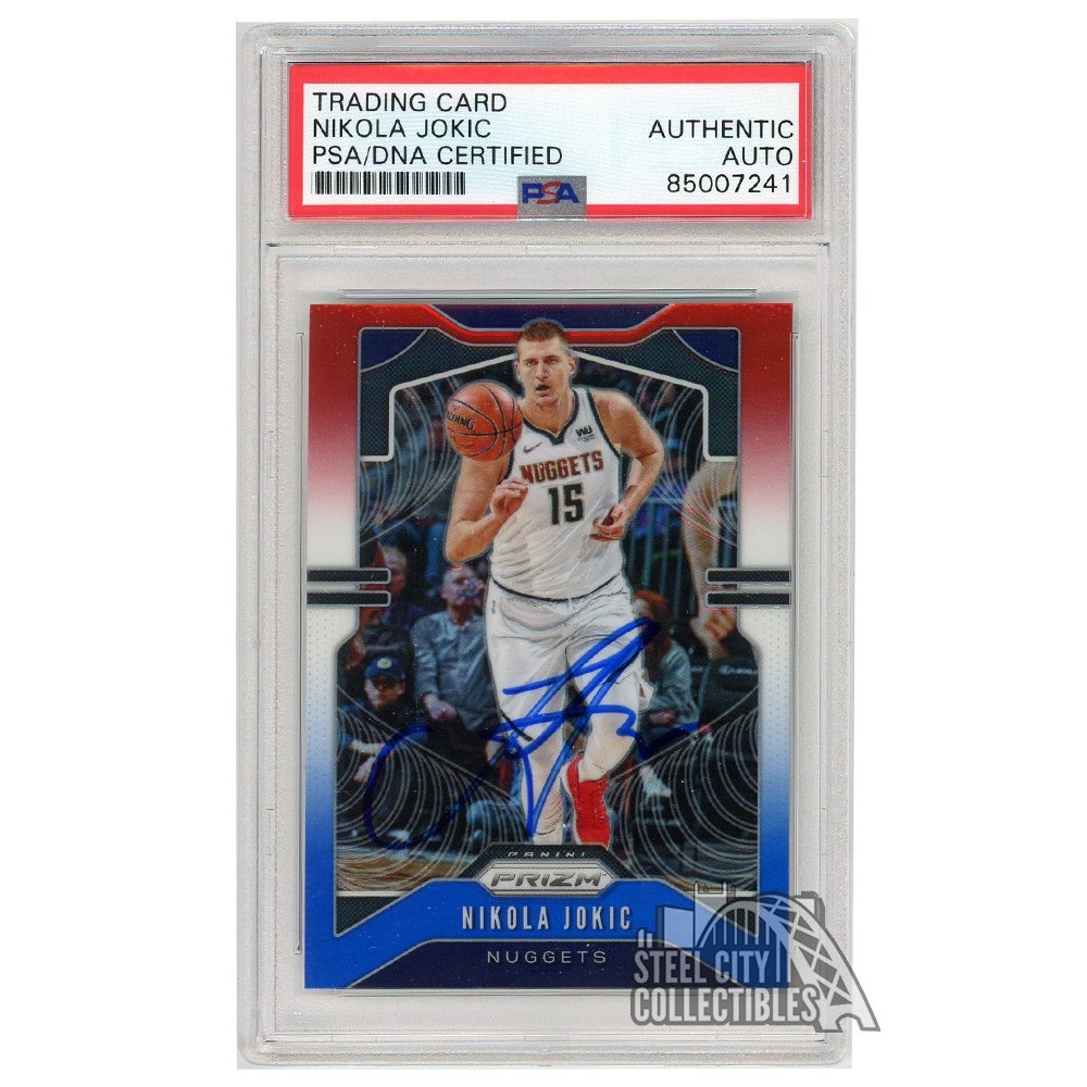 Nikola Jokic 2019-20 Panini Prizm Red White Blue Autograph Card #84 PSA/DNA