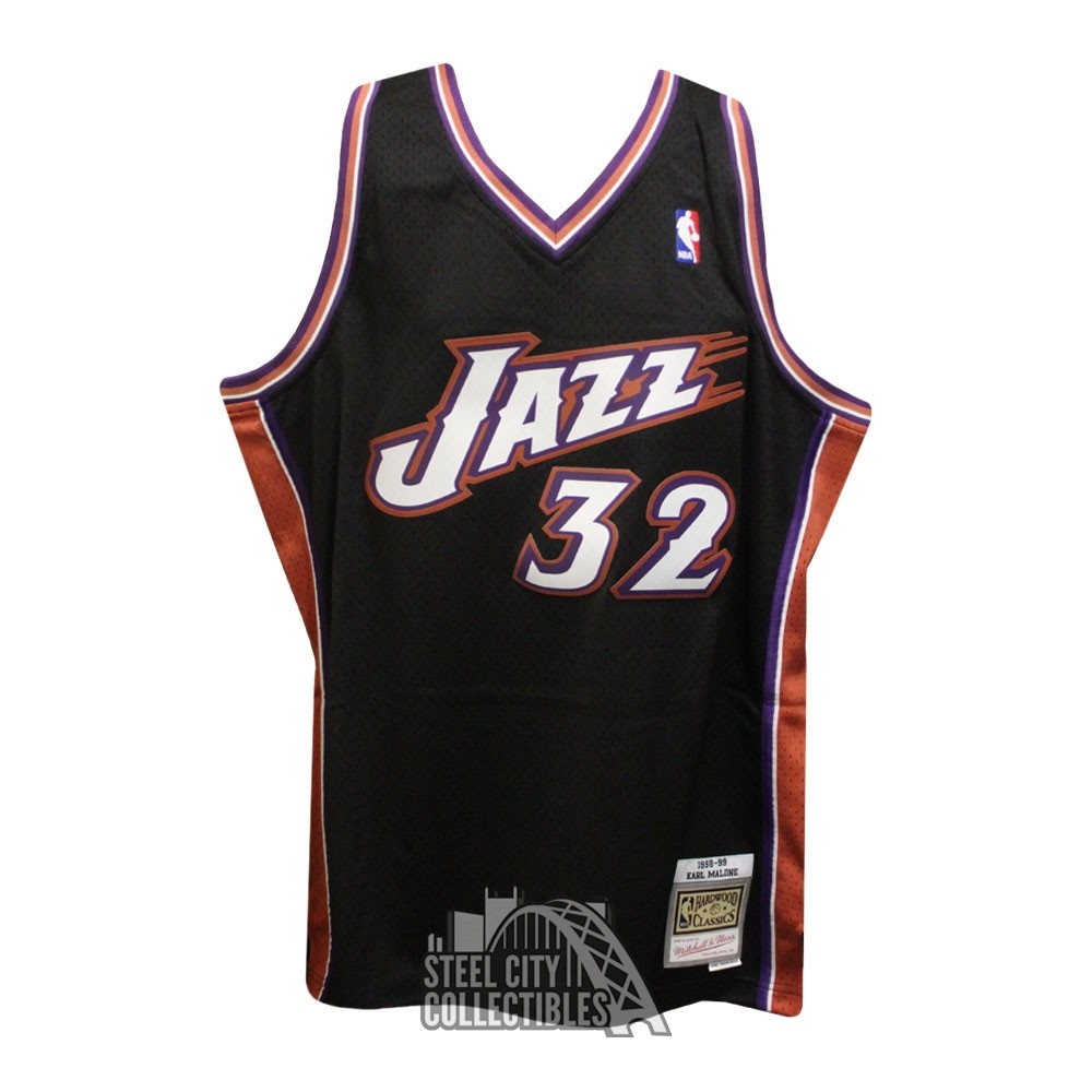 Karl Malone Autographed Utah Mitchell & Ness Black Basketball Jersey - BAS