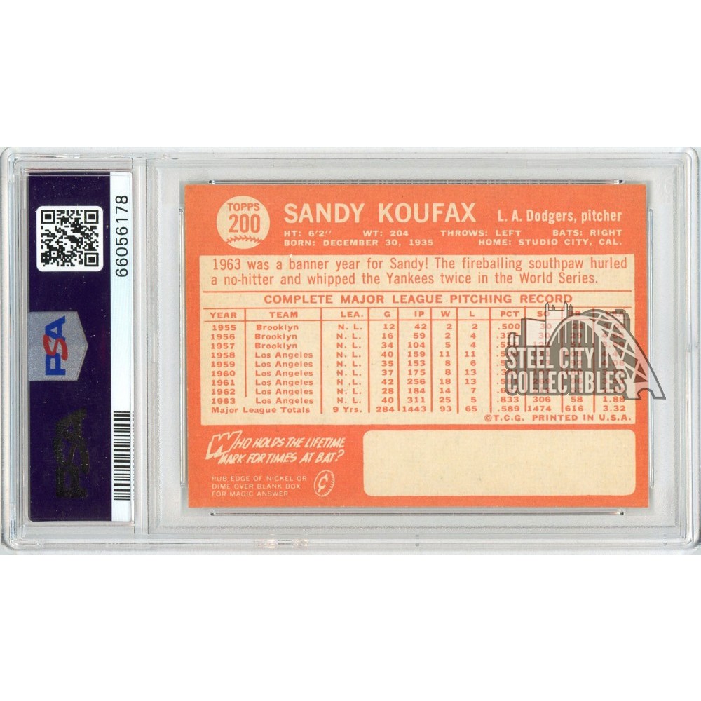 Sandy Koufax 1964 Topps Baseball Card #200 PSA 7 (178) | Steel