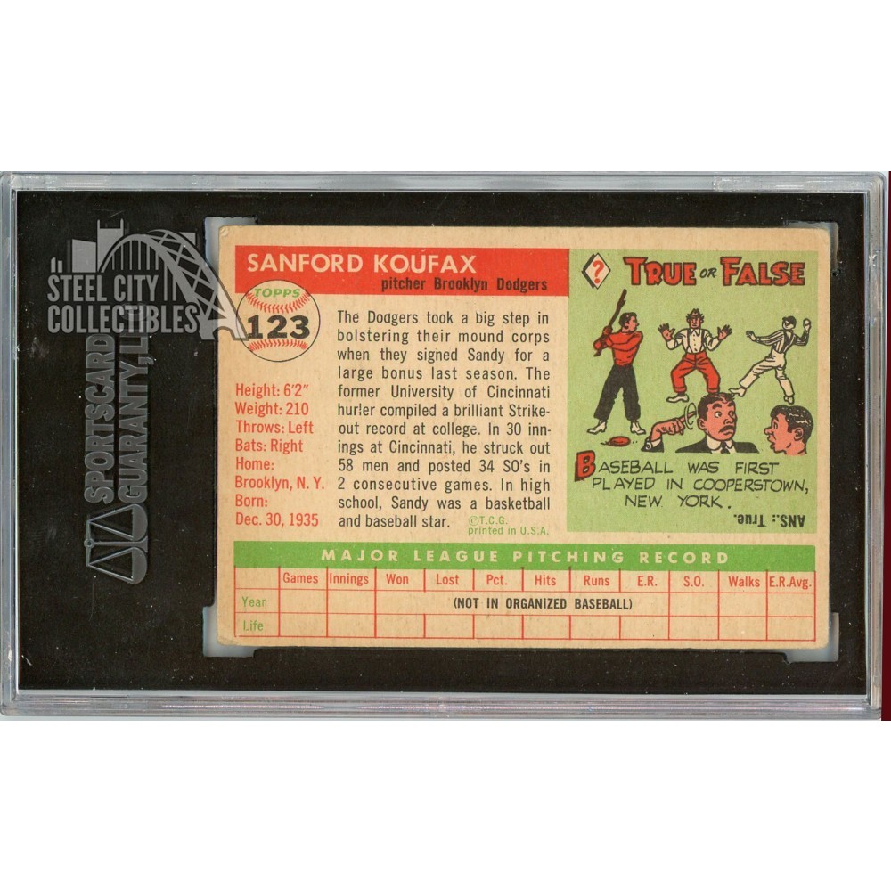 Sandy Koufax 1955 Topps Baseball Rookie Card #123 SGC 3 | Steel