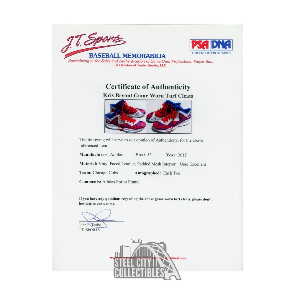 Kris Bryant Autographed Game Used Chicago Turf Cleats JSA PSA