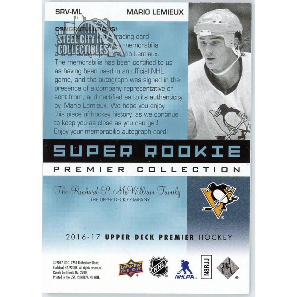 Mario Lemieux 2016-17 Upper Deck Premier Super Rookie Patch Autograph Card #SRV-ML 4/15 | Steel City Collectibles Mario Lemieux 2016-17 Upper Deck Premier Super Rookie Patch Autograph Card #SRV-ML 4/15 | Steel City Collectibles