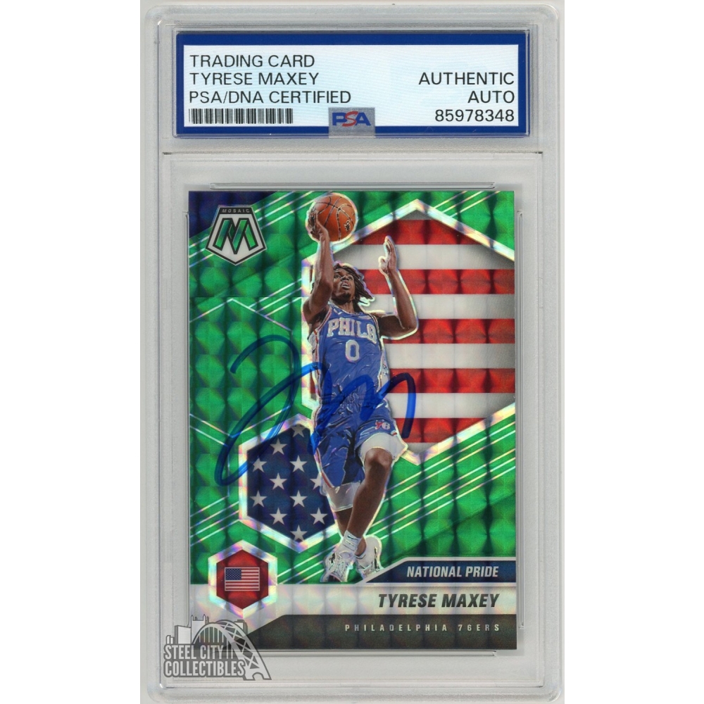 Tyrese Maxey 2020-21 Panini Mosaic Green Prizm Rookie Autograph