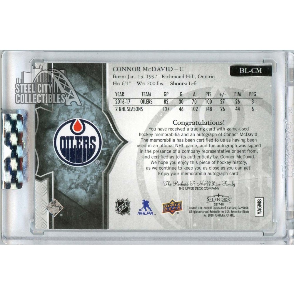 Connor McDavid 2017-18 Upper Deck Splendor Patch Autograph Card