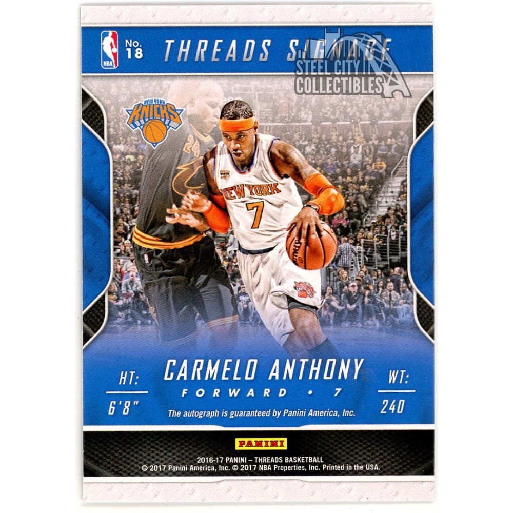 Carmelo Anthony 2016-17 Panini Threads Signage Autograph Card #18