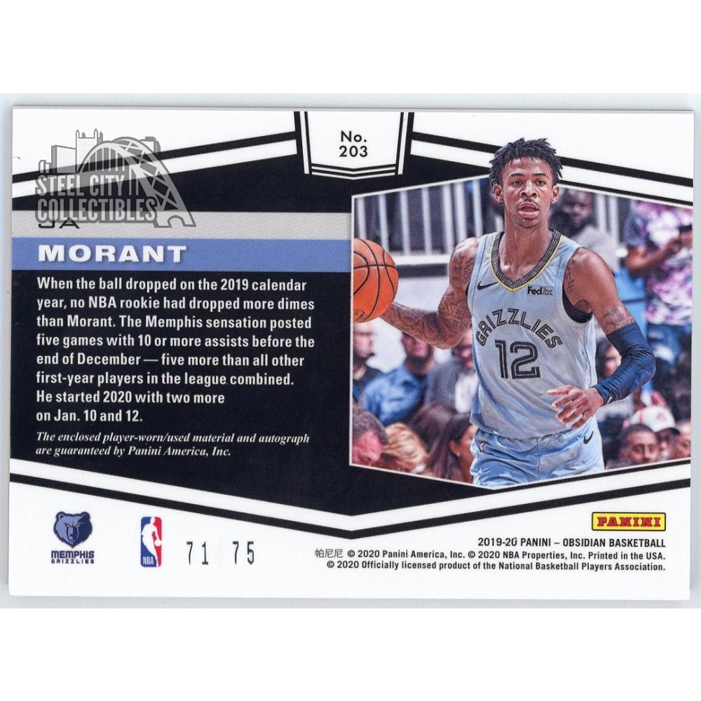 Ja Morant 2019-20 Panini Obsidian Purple Rookie Patch Autograph