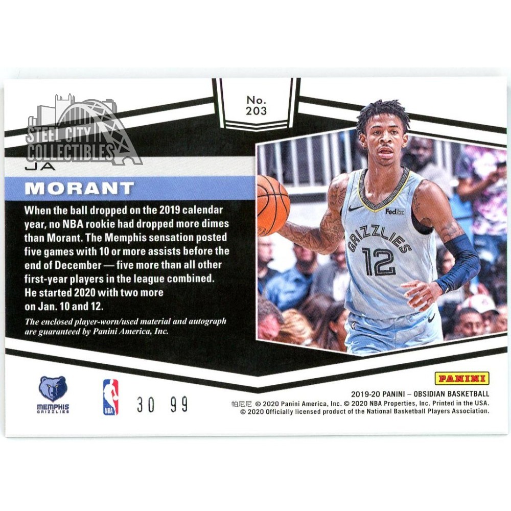 Ja Morant 2019-20 Panini Obsidian Rookie Patch Autograph Card #203