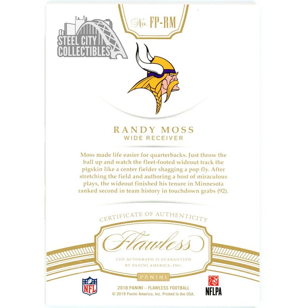Randy Moss 2018 Panini Flawless Penmanship Purple Auto Card #FP-RM
