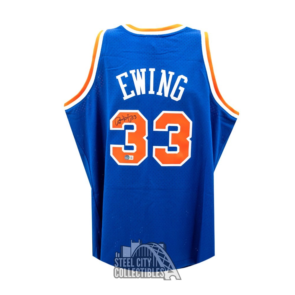 Patrick Ewing Autographed New York Mitchell & Ness Blue Basketball Jersey  (Large) - BAS