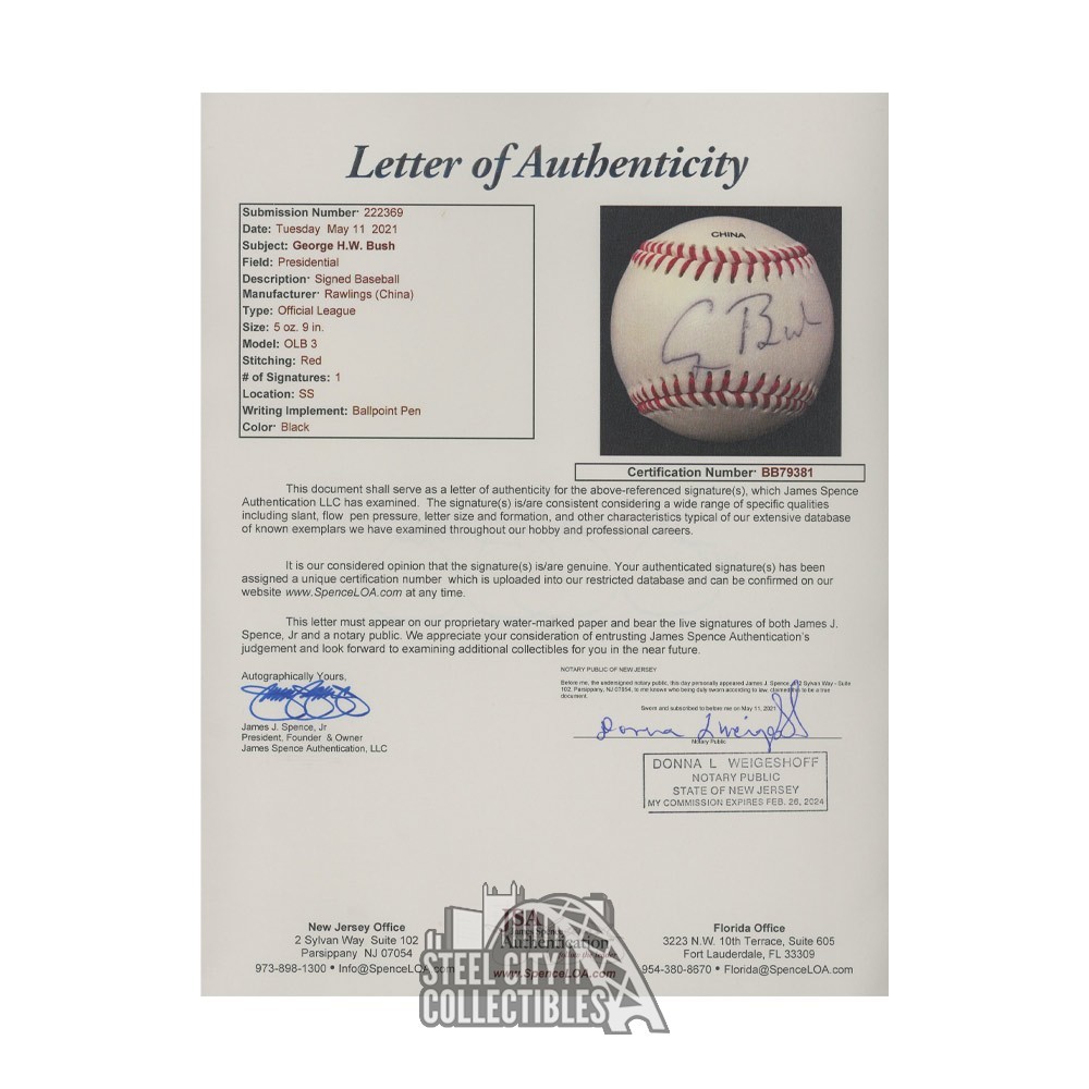 George H. W. Bush Autographed Rawlings OLB3 Baseball - JSA LOA