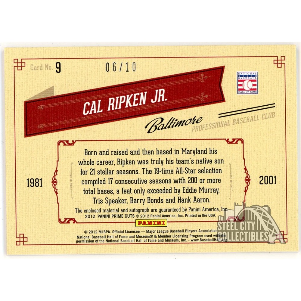 Cal Ripken Jr. 2012 Panini Playoff Prime Cuts Patch Autograph Card