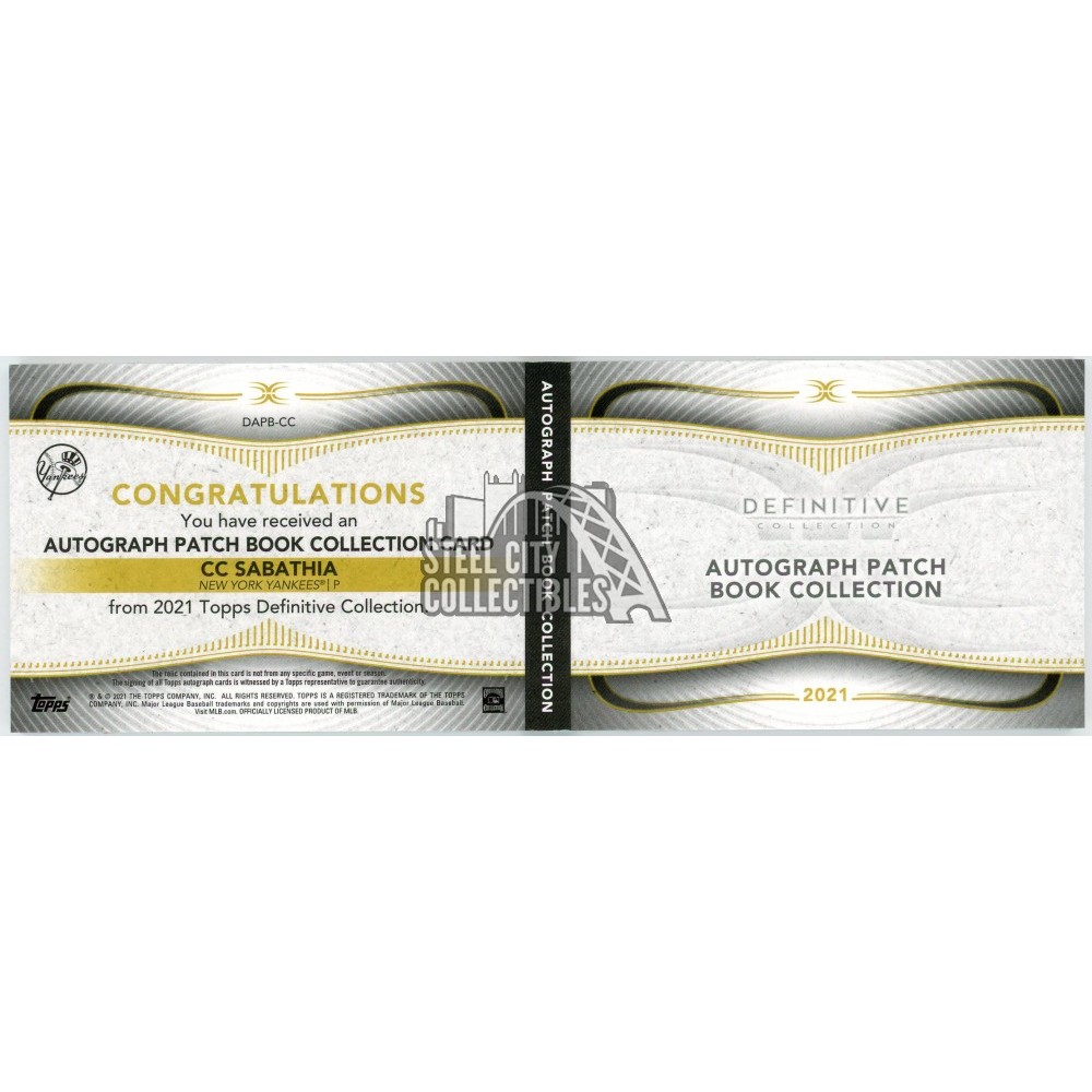 CC Sabathia 2021 Topps Definitive Patch Autograph Booklet Card