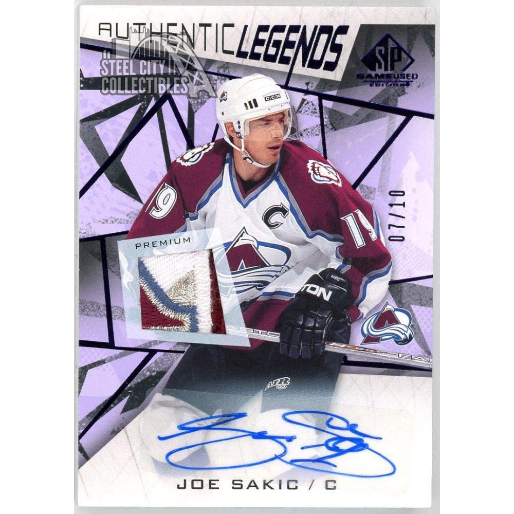 Joe Sakic 2021-22 Upper Deck SP Game Used Purple Patch Autograph