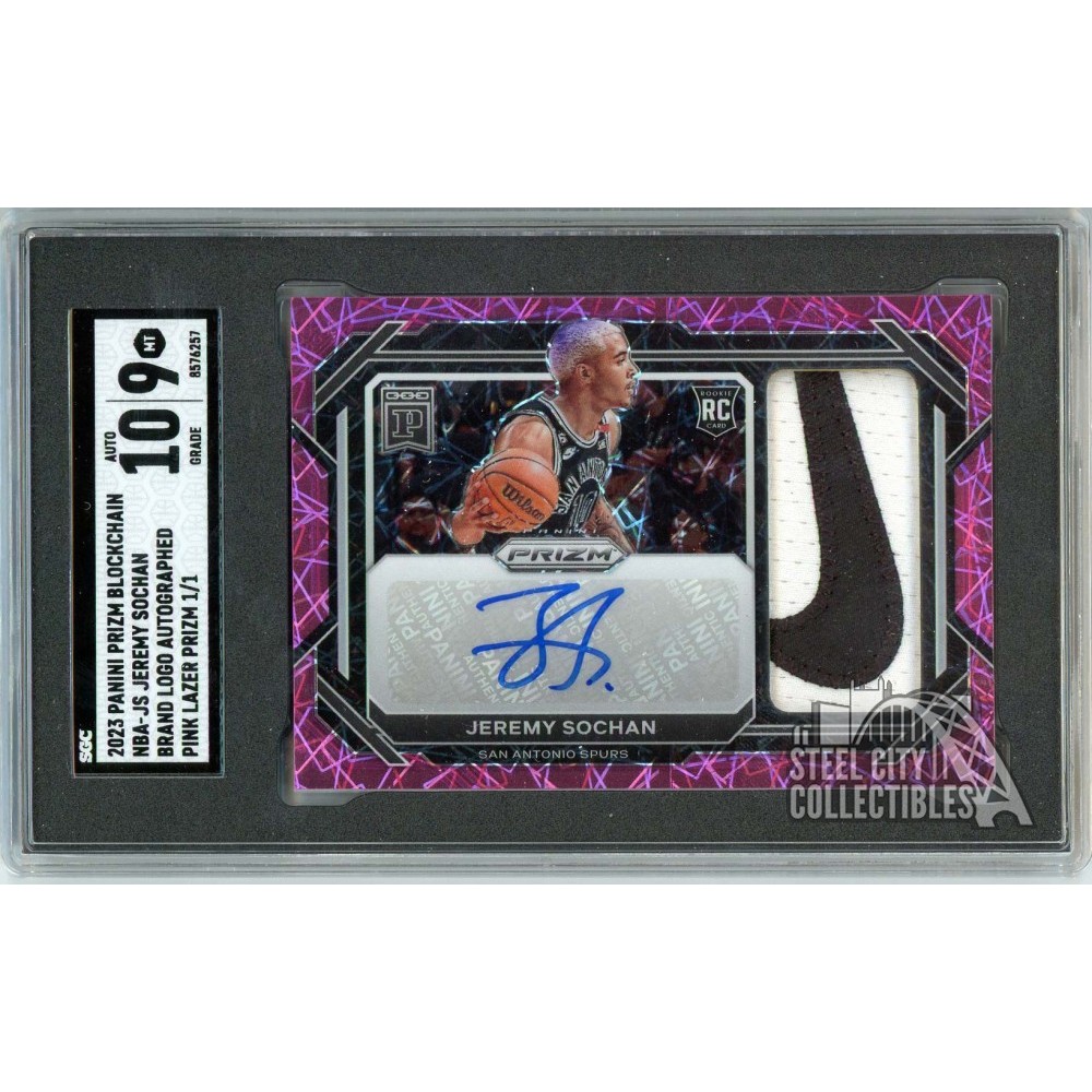 Jeremy Sochan 2023 Prizm Blockchain Pink Lazer Rookie Logo Patch Autograph  Card #NBA-JS 1/1 SGC 9