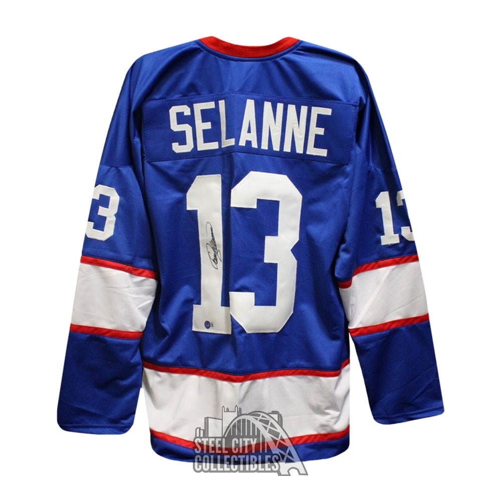 Teemu Selanne Autographed Winnipeg Custom Blue Hockey Jersey - BAS