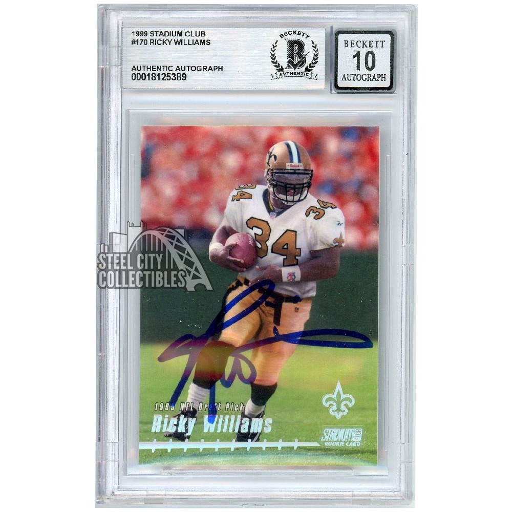 Ricky Williams Rookie Card Ricky Williams 1999 Topps Stadium Club Rookie Autograph Card #170 BAS ...