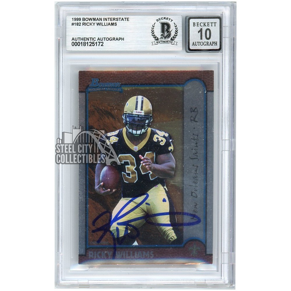 Ricky Williams Rookie Card Ricky Williams 1999 Bowman Interstate Rookie Autograph Card #182 BAS 10 ...