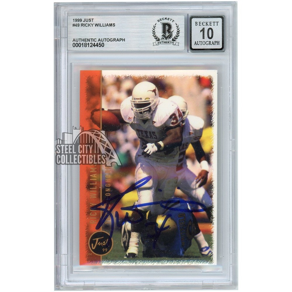 Ricky Williams Rookie Card Ricky Williams 1999 Just Rookie Autograph Card #49 BAS 10 | Steel City ...