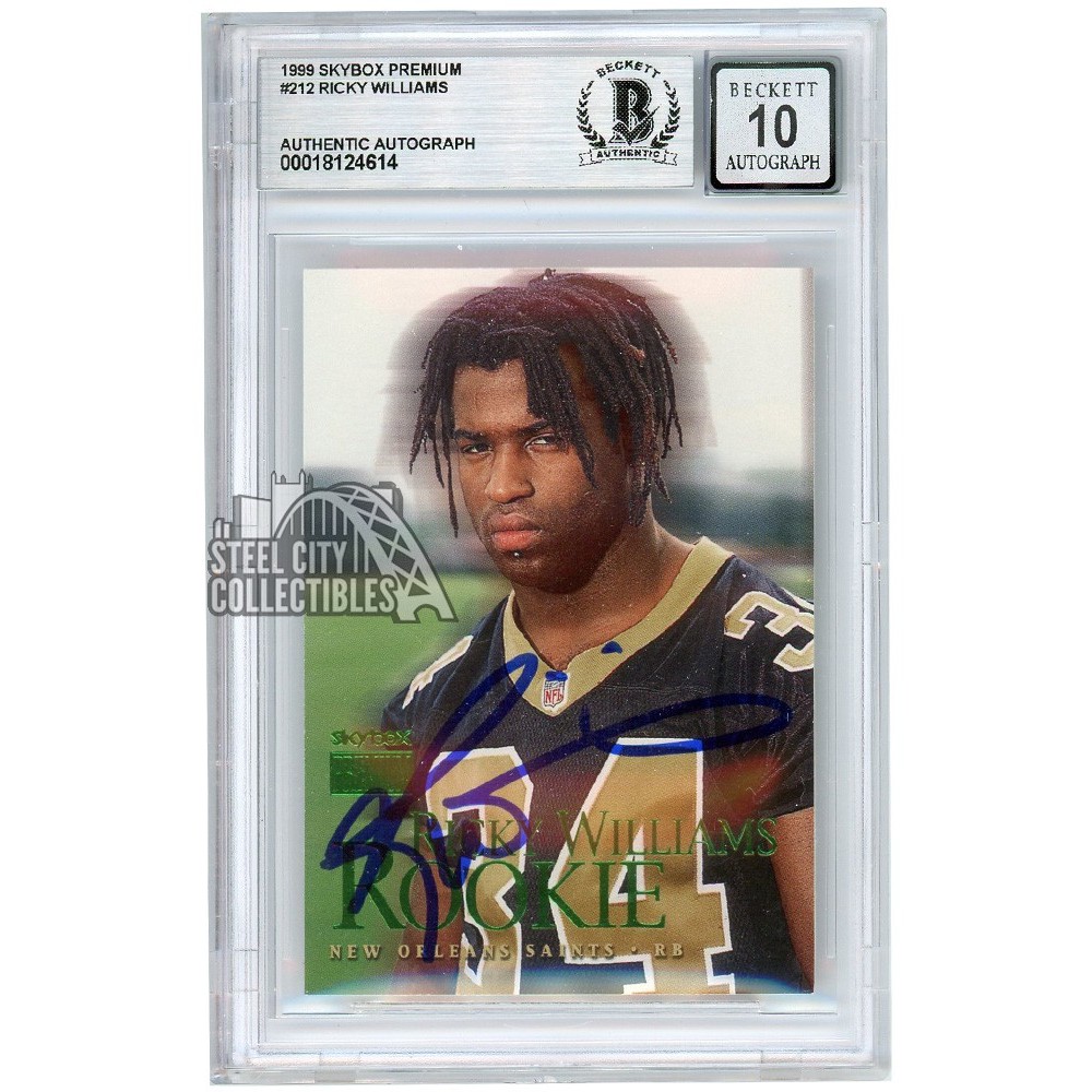 Ricky Williams Rookie Card Ricky Williams 1999 Skybox Premium Rookie Autograph Card #212 BAS 10 ...