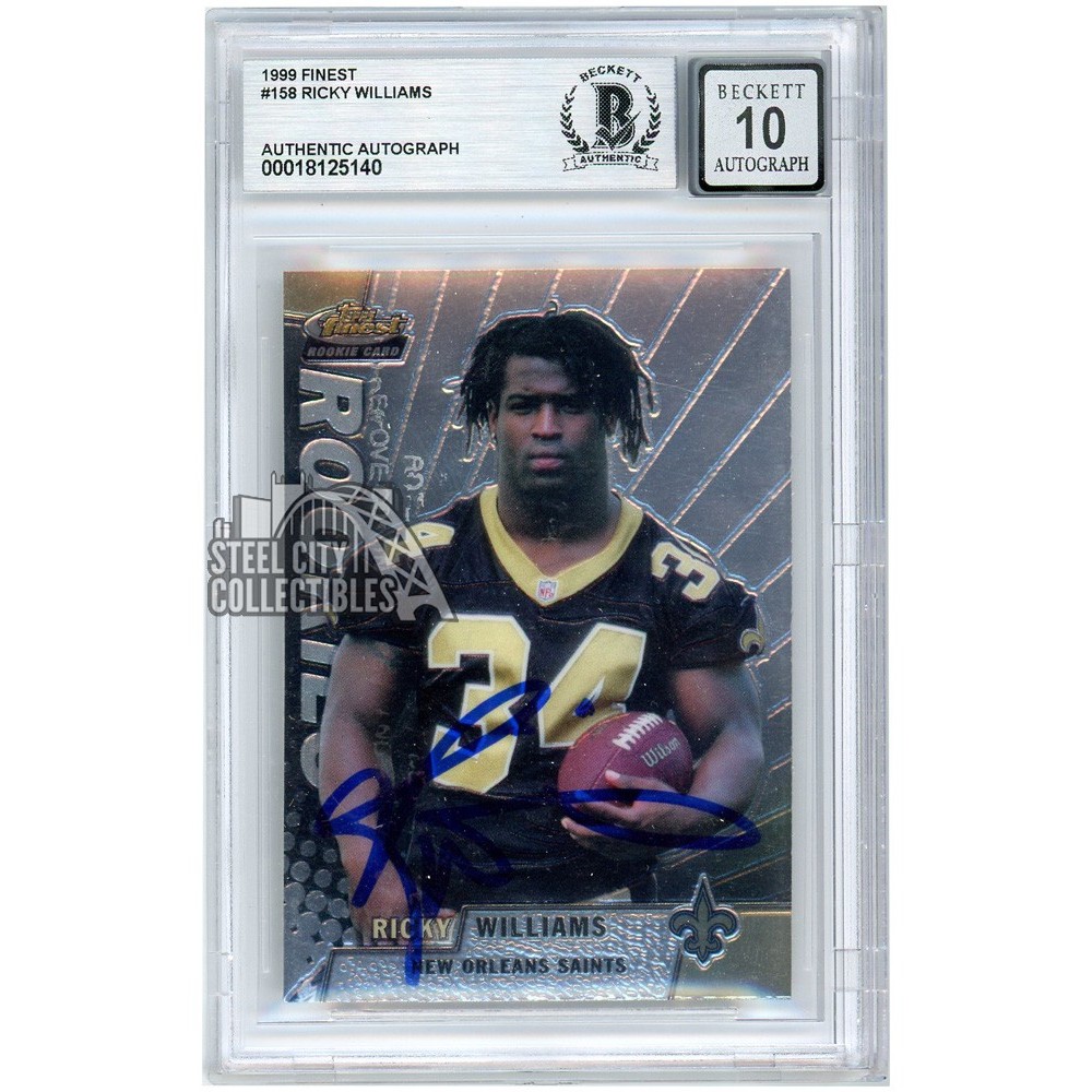 Ricky Williams Rookie Card Ricky Williams 1999 Topps Finest Rookie Autograph Card #158 BAS 10 ...