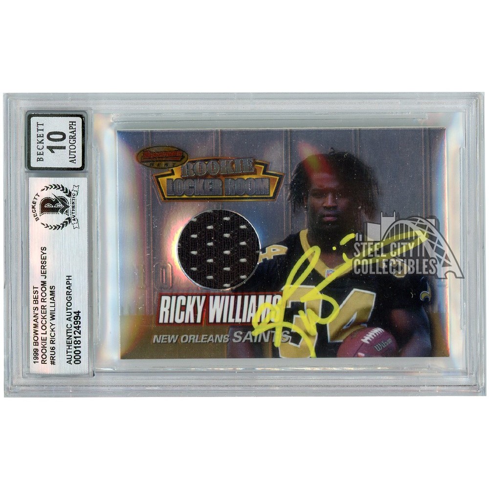 Ricky Williams Rookie Card Ricky Williams 1999 Bowman's Best Rookie Locker Room Jersey Auto BAS 10 ...